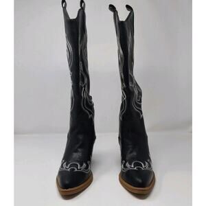 Women’s Black Western Cowboy Boots Embroidered Mid Calf Block Heel 8